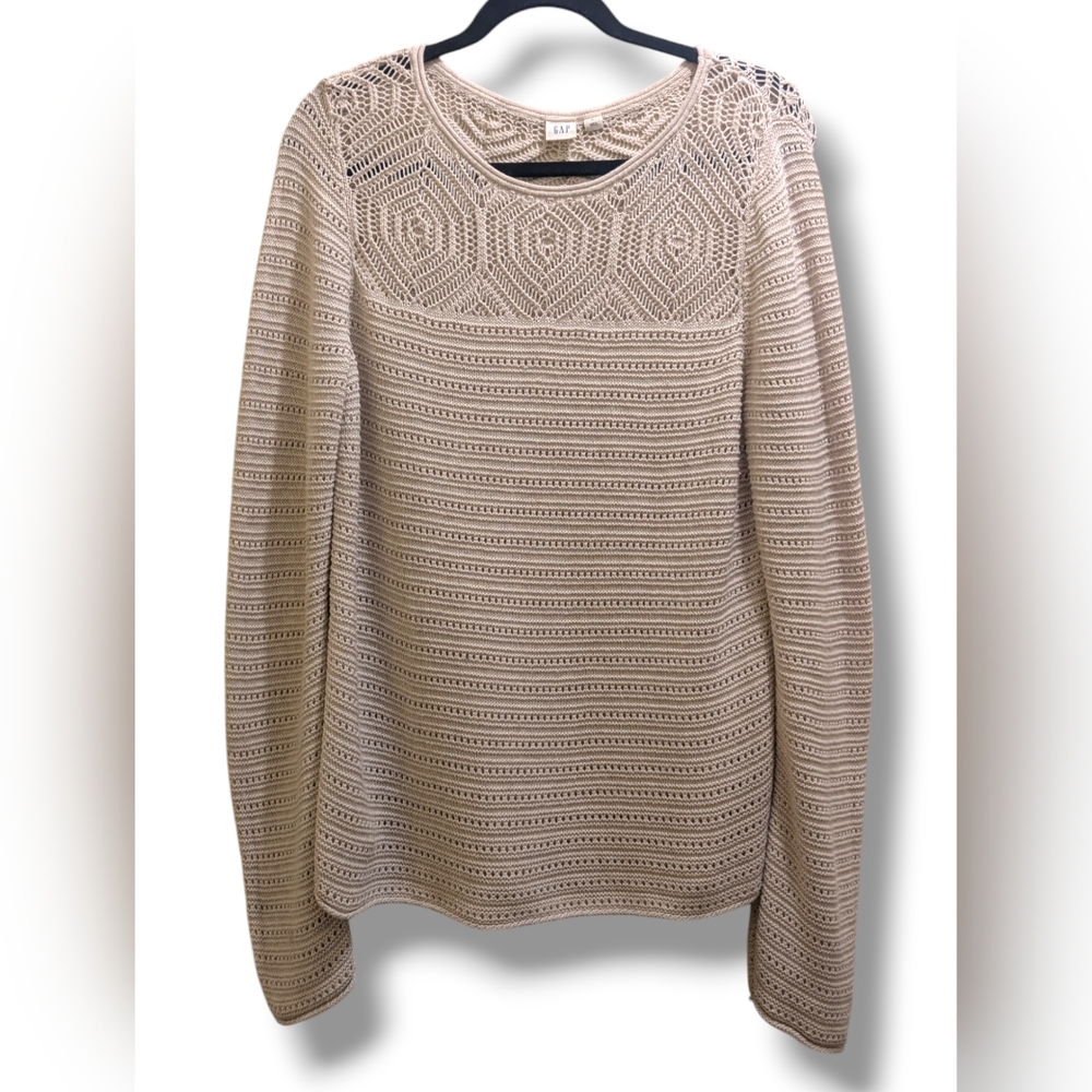 GAP Crochet Yoke Pattern Oatmeal Heather Cotton Knit Long Sleeve Sweater Top- L
